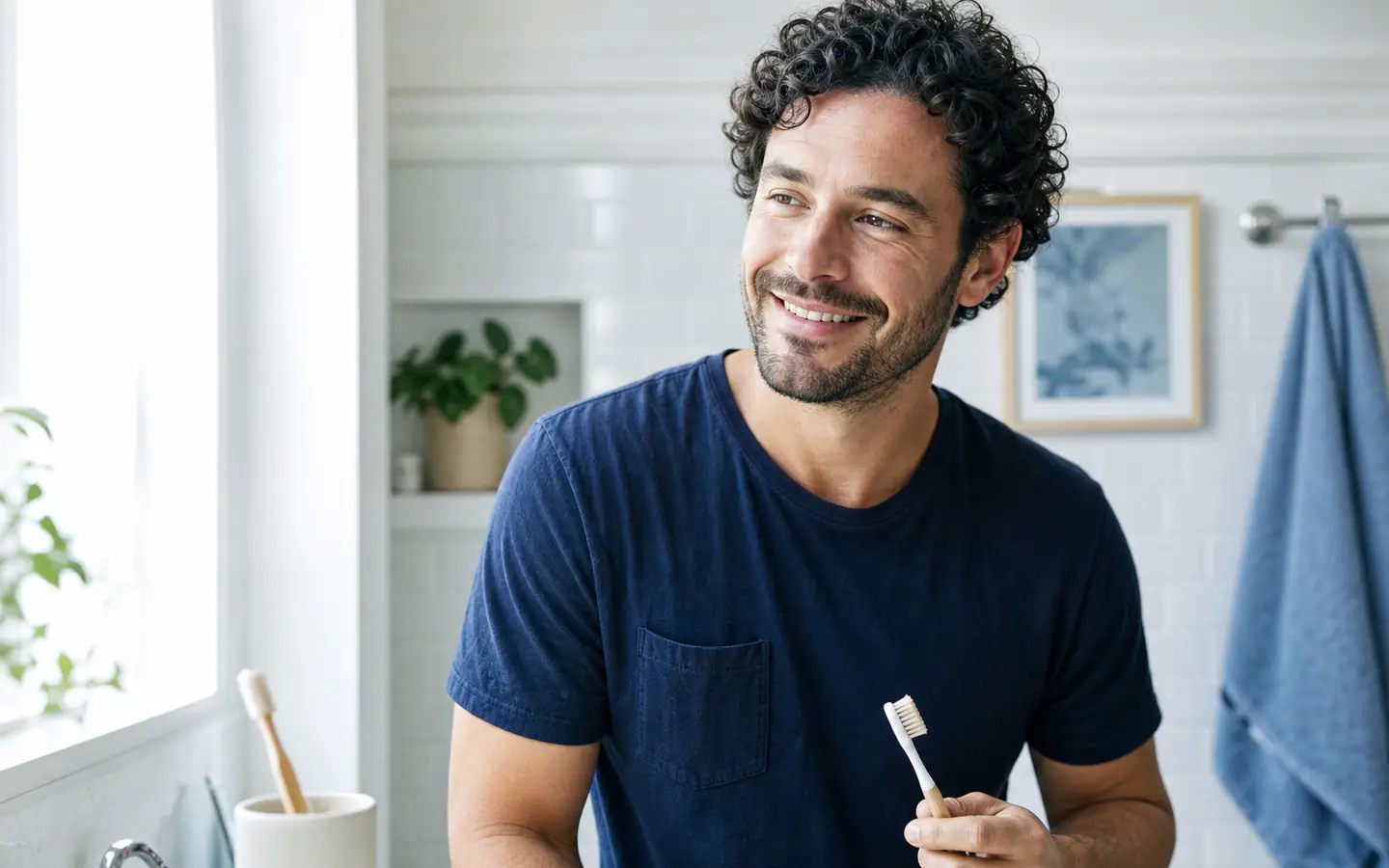 Smiling adult in a bright bathroom holding a toothbrush beside the sink